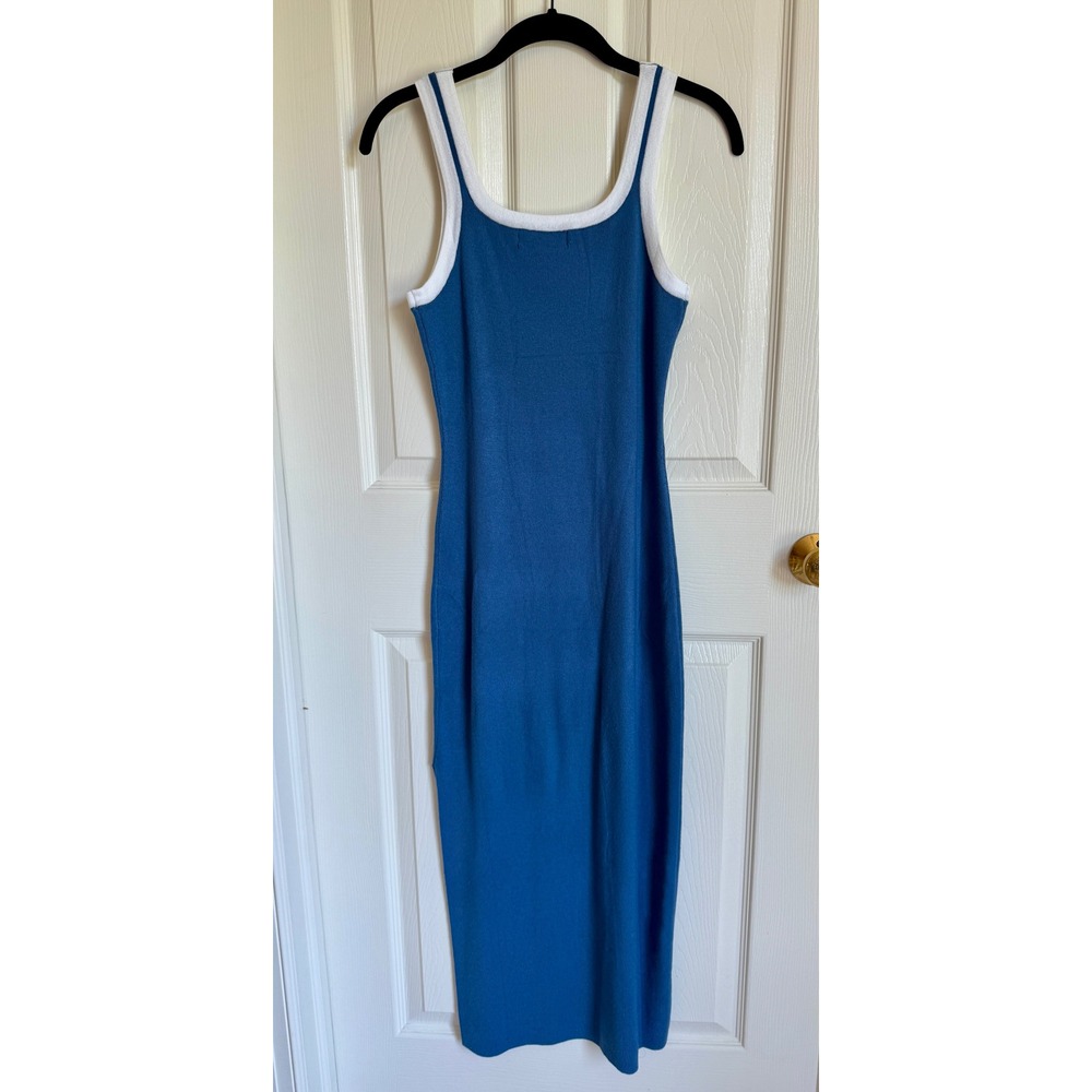 ZESICA Blue Ribbed Knit Contrast Trim Sleeveless Side Slit Midi Dress Medium - Picture 3 of 8